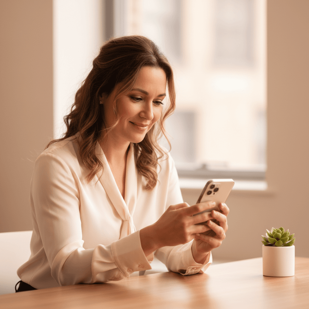 An adult daughter at work, smiling at her phone with reassurance