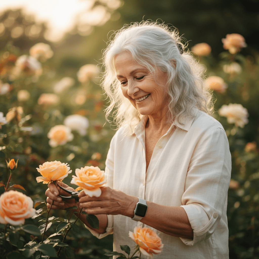 A woman smiling while gardening, wearing an Apple Watch